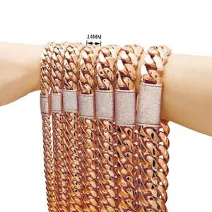 Miami Cuban chain necklaces and bracelets made from high-quality stainless steel, featuring a rose gold vacuum nano coating, with chunky links and a thick Cuban chain design. Chain width: 14 mm, length: 7.5–30 inches. Hypoallergenic materials, fashionable