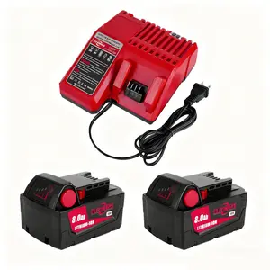 Two-pack 18V 8.0Ah lithium-ion battery and charger set, replacement batteries for cordless power tools.