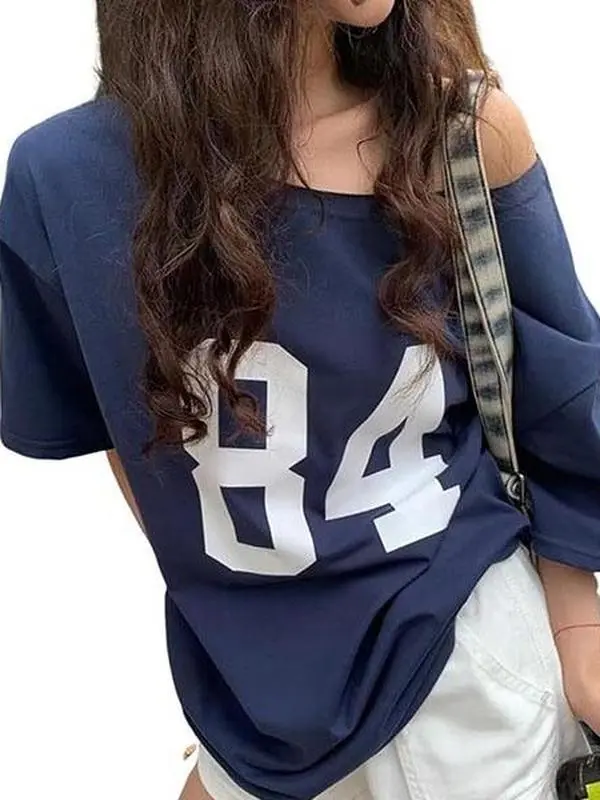 Chvity Women's Off-The-Shoulder Short-Sleeve Retro Y2K Streetwear T-Shirt - Oversized Jersey Number Graphic, Casual E-Girl Piece, Shortsleeve, Shoulder Tops Womenswear