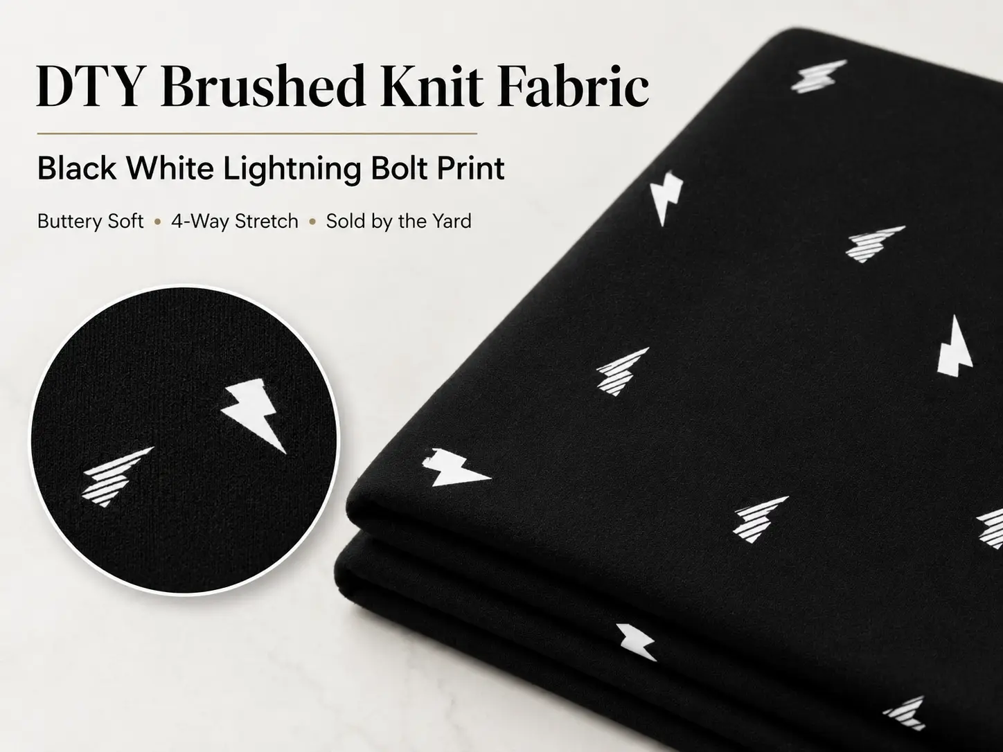 DTY Brushed Knit Fabric, Black White Lightning Bolt Print, Buttery Soft 4-Way Stretch for Apparel & Loungewear, by the Yard