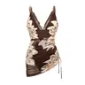 FLAXMAKER Women's V Neck Side Drawstring Brown Mesh Sheer Printed One Piece Swimsuit Beachwear Swimdress Bathing Suit Swimwear Sleeveless Bathing Suit Stylish Beachwear #Summervibes #SwimWeek