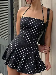 Women's Spring Summer New Halter Backless Dress, Sleeveless Ruffle Hem, Slimming Waist Design, Elegant Chic Party Wear Fitted, Elegant Sleeveless Bodycon