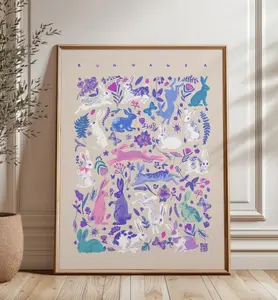 [Sale Up To 40%] [Unframed] Colorful Zodiac Rabbit Wall Art Print, Easter Bunny Wall Decor, Modern Asian Folk Art Poster, Spring Nursery Gift