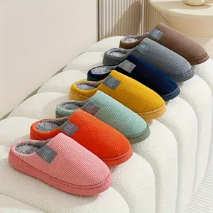 Unisex Winter Slippers Non-Slip Indoor Home Shoes Soft Warm Slip-On Multiple Colors Brown Gray Blue Yellow Pink Orange Green Black Beige Perfect Gift for Women Men Cute Striped Design Thickened Comfortable