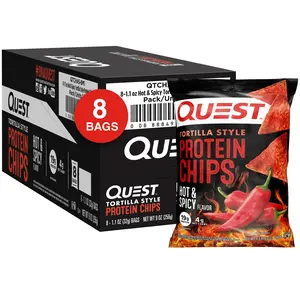 Quest Tortilla Style Protein Chips with 19g of Protein, Hot & Spicy Flavor, 1.1 Oz Bags, 8 Count Snack Crispy