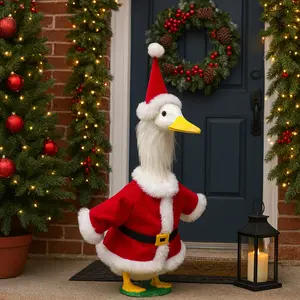 LIVOA Christmas Santa Costume for 23 Inch Porch Goose Funny Outdoor Holiday Outfit Weather Resistant Lawn Yard Goose Decoration Festive Garden Display with Green Hair Hat Clothing