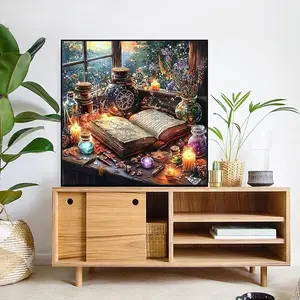 Witch Apothecary Desk Diamond Painting Kit - Glowing Potions & Spell Book Rhinestone Art, Full Drill DIY Craft for Wall Decor