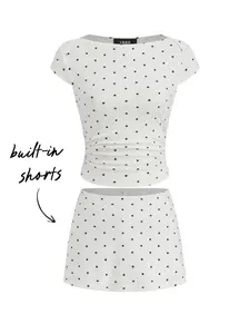 Cotton-blend Boat Neck Polka Dot Ruched Tee & Mini Skort