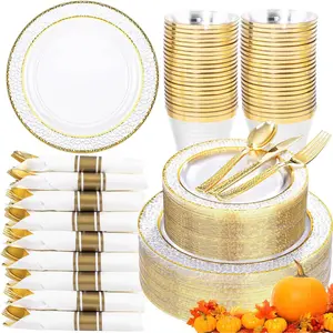 350PCS Clear Plastic Plates with Gold Trim for 50 Guests, Disposable Dinnerware Set for Wedding & Thanksgiving, Includes 100 Pla