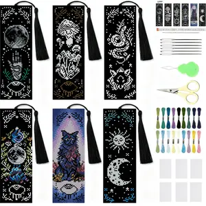 6 Pcs Magical Witchy Cross Stitch Bookmark Kit for Adult Beginners,Cross Stitch Kits 14 CT DIY Crossstitch Kits Adult Stamped Bookmark Embroidery Bookmarks Kit