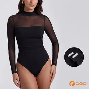 OQQfitness Womenswear Mesh Sheer Sexy Bodysuit Summer Scoop Neck Stretch Basic See Through Minimalist Top for Party Outfit