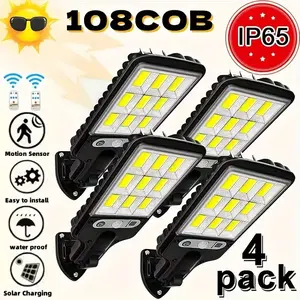 IP65 Waterproof Solar Lights Outdoor 9000 Lumens, 4 Pack Motion Sensor Wall Lamp with Remote, 108 COB LED Security Lights for Yard Garage