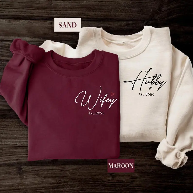 Custom Wifey and Hubby Sweatshirt, Personalized Couple Hoodie, Matching Wedding Crewneck, Engagement Pullover, Bride Groom Outfit