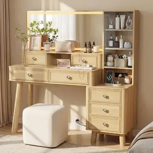 FURMAX 48" Makeup Vanity Desk with Large Mirror and Lights,Big Wood Vanity Table with 5 Drawers＆Glass Storage Cabinet with Adjustable Shelves,Dressing Table with Charging Station for Bedroom