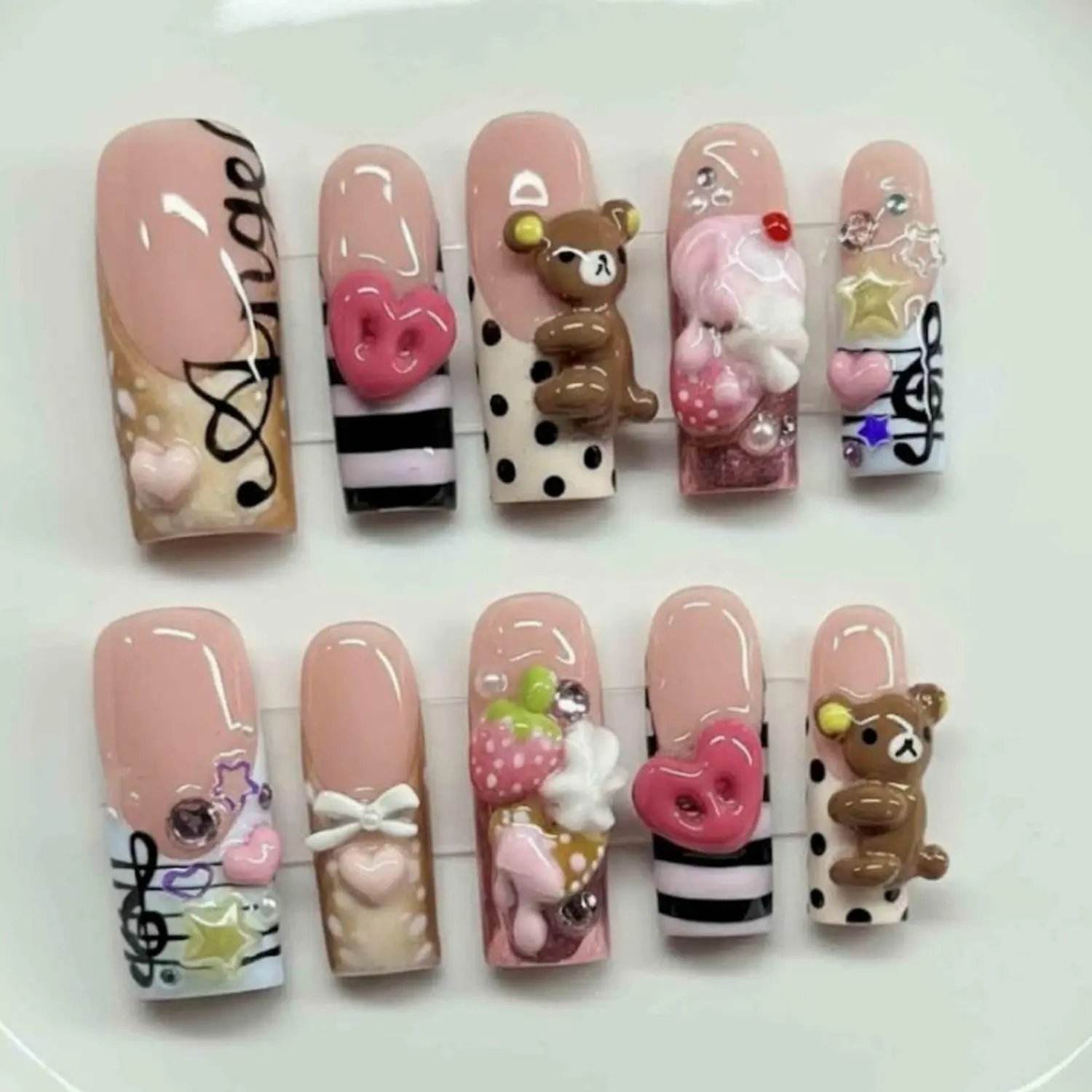 Cute Plushie Coquette Press-On Nails, Soft Nude Pink Design with 3D Plush Bear Charm, Heart Candy Accent, Ribbon and Music Note Details, Glossy Kawaii Holiday Nail Art Set