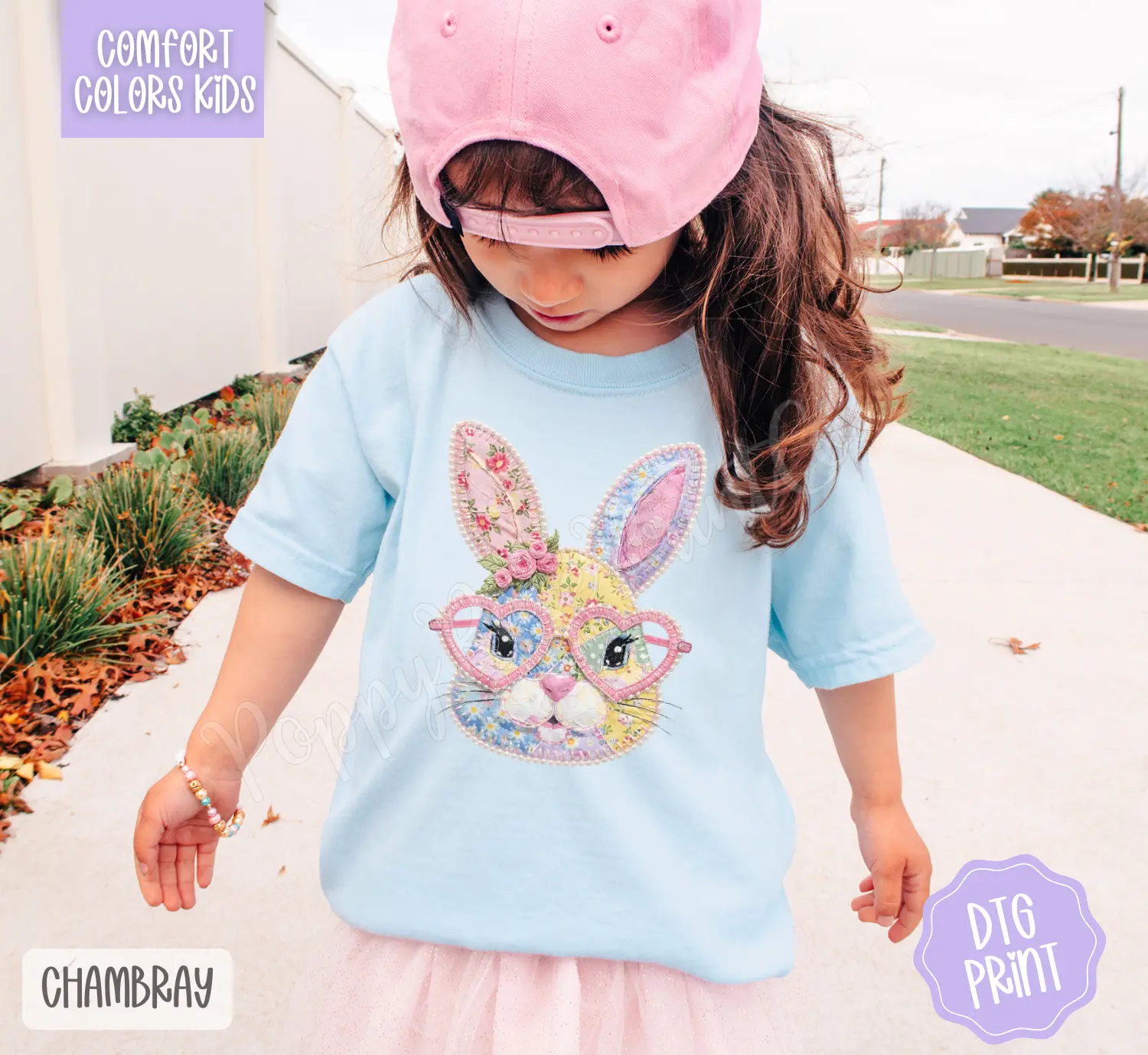 Pearl Faux Quilted Bunny Comfort Colors Youth Tshirt
