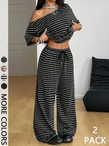 Women's Asymmetrical Neck Relaxed-Fit Pocketed Striped Knit Top+Wide Leg Pants Set, Ideal for Casual Meetups/Weekend Lounging/Travel Days，Two Pieces Outfits