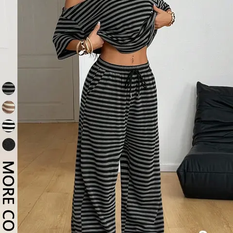 Women's Asymmetrical Neck Relaxed-Fit Striped Knit Top & Pocketed Wide Leg Pants Set, Ideal for Casual Meetups, Weekend Lounging and Travel Days, Two-Piece Outfit, Striped Loungewear Set, Comfy Loungewear Set