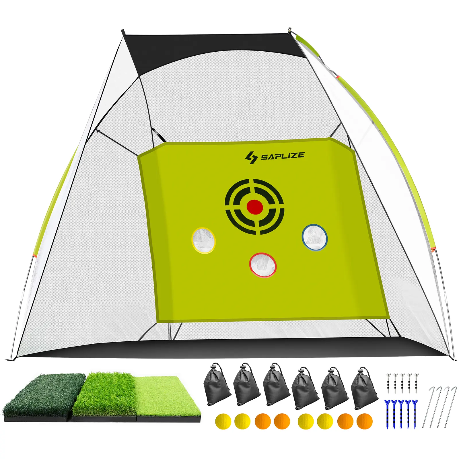 SAPLIZE Heavy-Duty Hitting Net Set, Practice Equipment with Premium Mat and Silent Target for True Ball Impact and Noise Reduction, For Home and Outdoor Use, Golf Practice Equipment