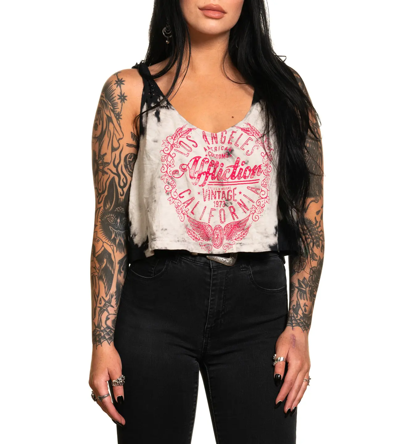 Affliction Women's Vintage Motors Oversized Cotton Tank Top, Casual Sleeveless Top with a Lucid Dye Print and Rhinestone Details, Pull On