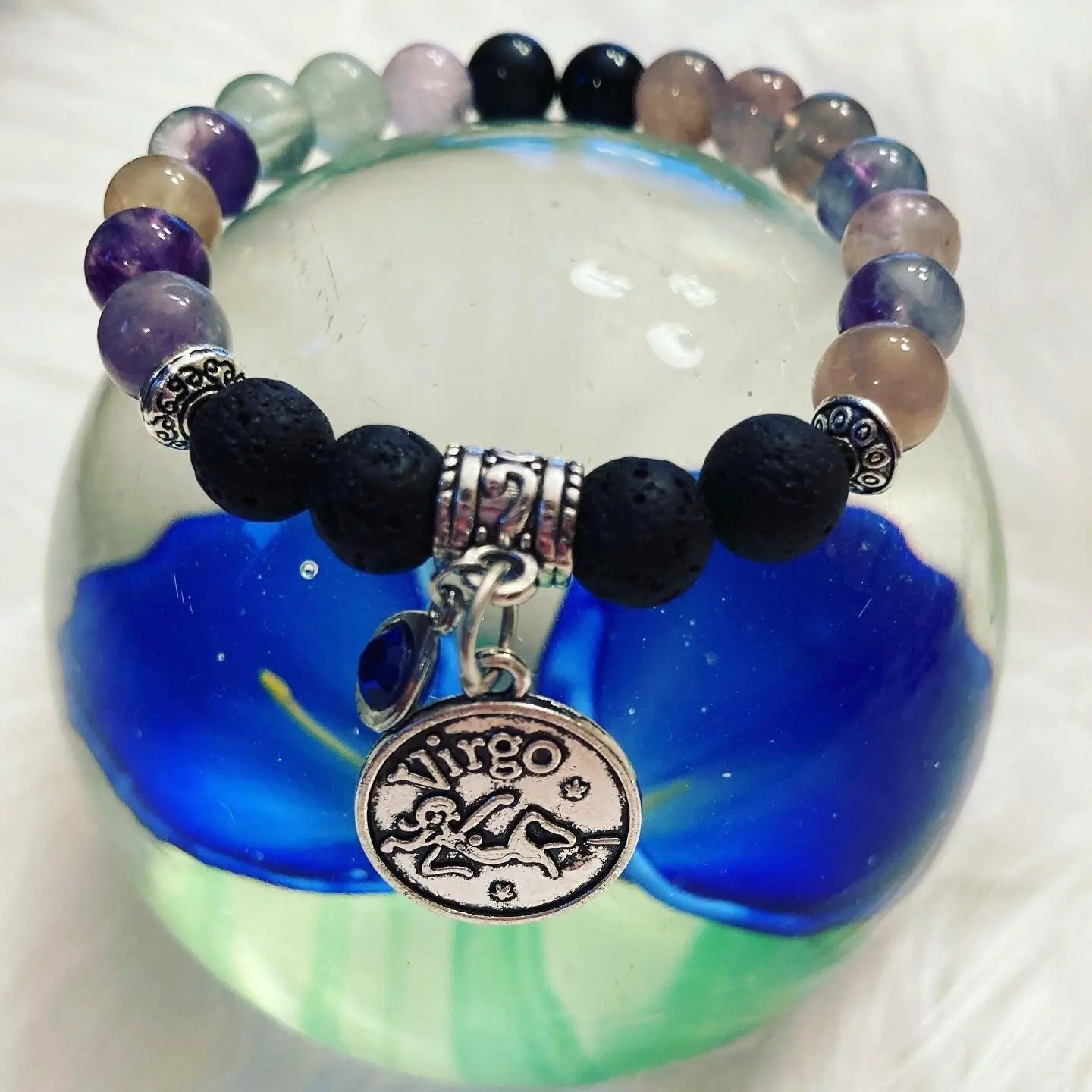Virgo Bracelet Gift Set, Flourite with Lava Stones for Essential Oils, Blue Birthstone, Palo Santo Stick, Lavender Bundle, Astrology Charm