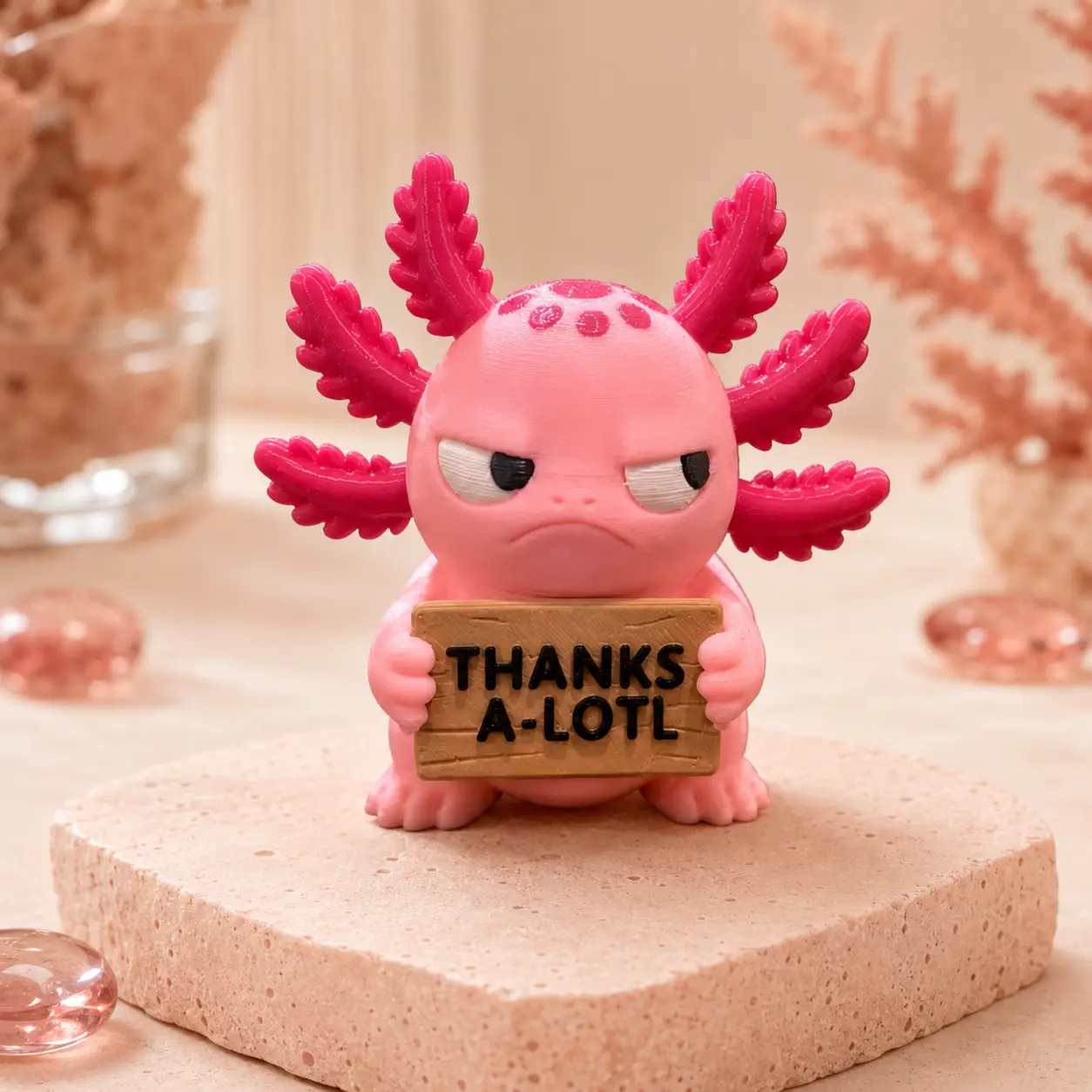 Funny Axolotl Figurine Holding “Thanks A-Lotl” Sign, 3D Printed Desk Décor, Cute Pun Gift, Axolotl Lover Gift, Office Shelf Decor