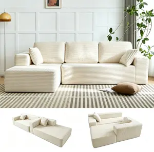 Modular Corduroy Cloud Couch Set - 3-Seat Boneless Sectional Convertible Sleeper Bed, Plush Oversized Chaise Loveseat with Soft Fabric, Blend Down Indoor Living Room Apartment Furniture