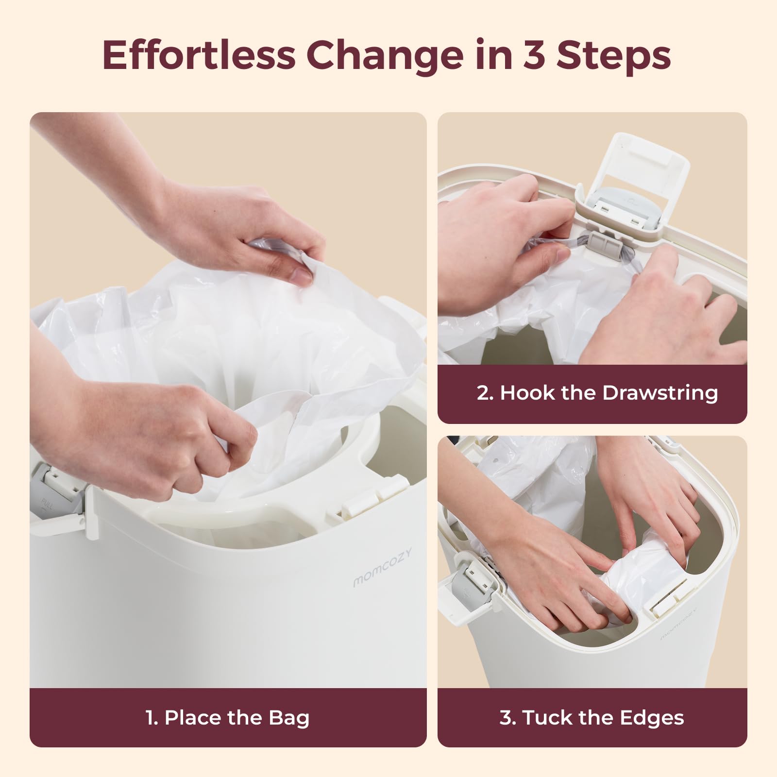Momcozy 13 Gallon Drawstring Diaper Pail Bags, 45 Count Trash Bag Refills, 3 Rolls x 15 Bags, Compatible with Momcozy Diaper Pail, Ultra-Thick Disposable Diaper Disposal Bags for Nursery