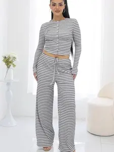Casual Striped Button Up Long Sleeve T-Shirt Top Flared Lose Fitting Pants Lounge Set Womenswear