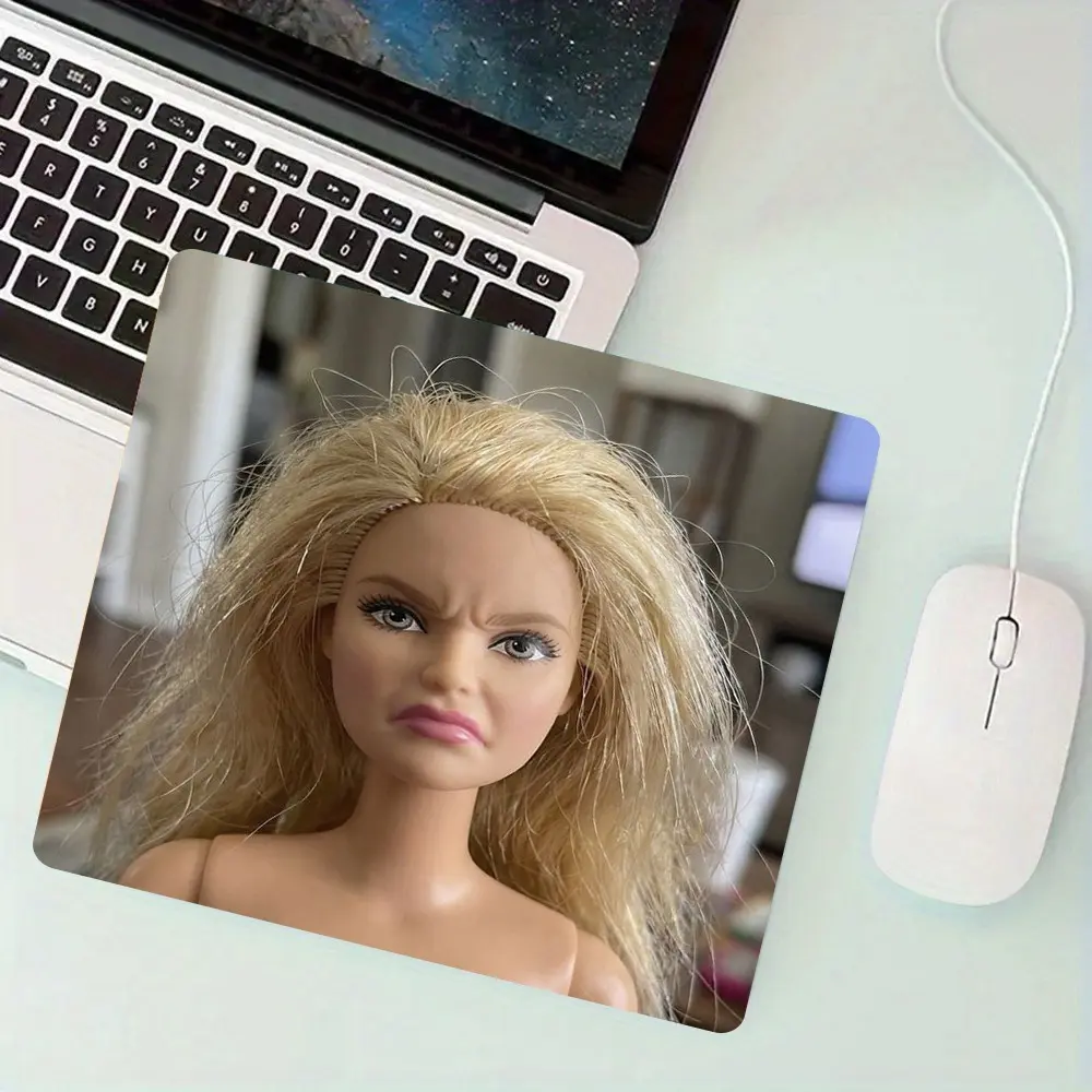 Funny Angry Blonde Doll Square Computer Mouse Pad, Lockedge Anti-Slip Rubber Desk Mat, Aesthetic Desktop Accessory for Work & Gaming