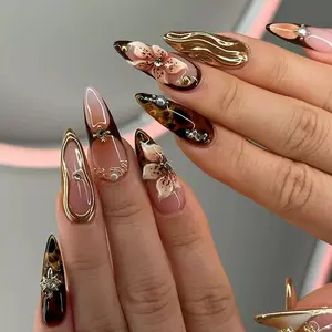 ShowRealHair Long Stiletto Press On Nails 3D Floral Butterfly Design Glossy Rhinestone Fake Nails Reusable Set for Black Women Perfect for Date Night and Dinner#SummerVibes