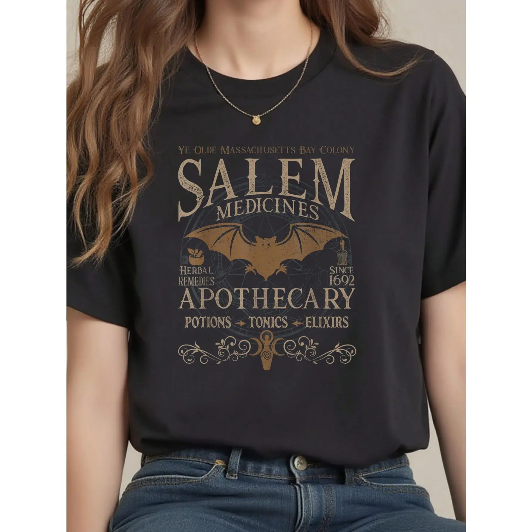 Salem Apothecary Medicines Herbal Witch Bat Beige T-Shirt         Men's T-shirt graphic tees  crop tops  outfits   tops T-Shirt