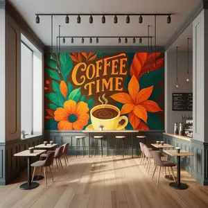 Coffee Time Tropical Wall Mural - Bold Peel and Stick Café Wallpaper - Removable Botanical Décor for Coffee Shops & Restaurants
