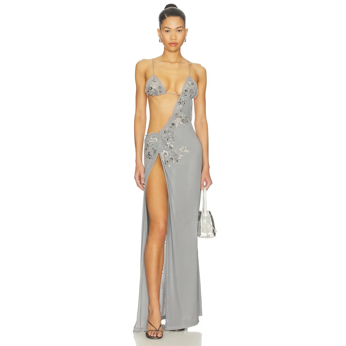 Jaded London Beaded Frayed Maxi Dress in Grey