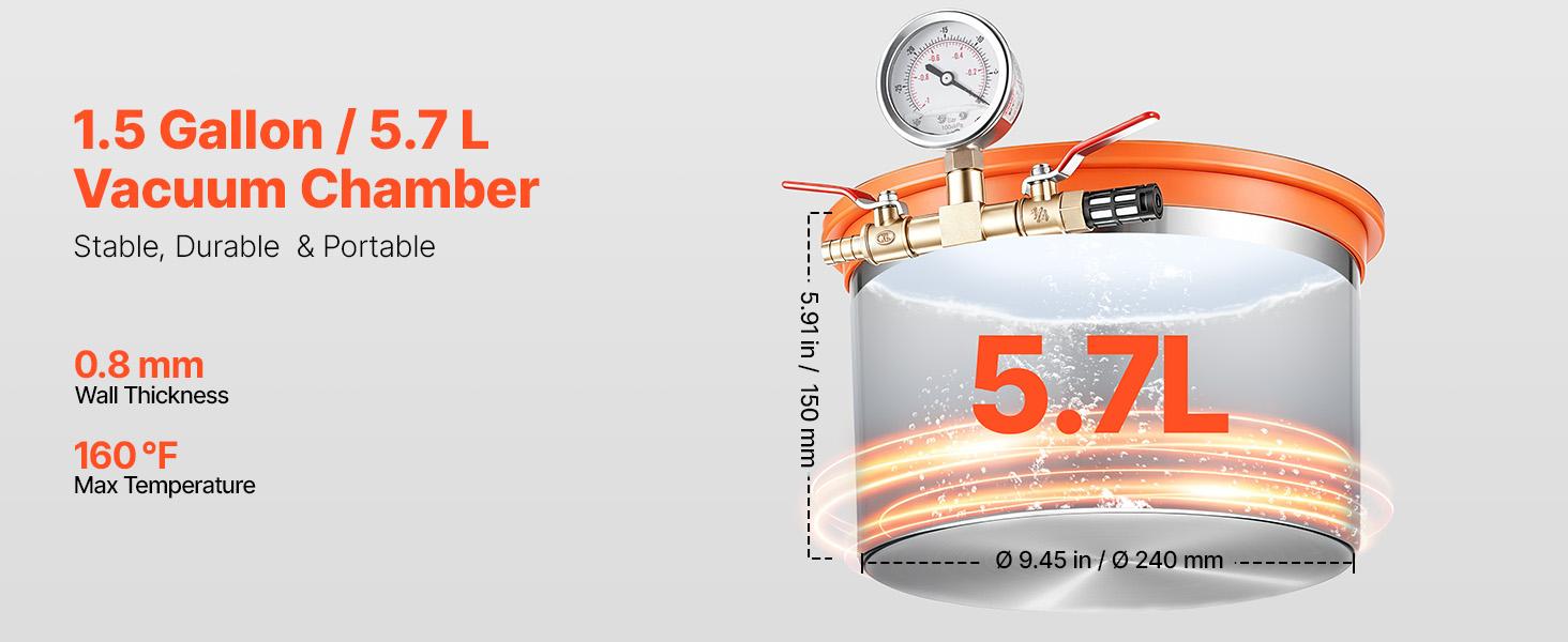 【fathersdaygift】VEVOR 1.5 Gallon Vacuum Chamber, Stainless Steel, Vacuum Degassing Chamber with Tempered Glass Lid, Hose, Air Filter, for Resin Casting, Stabilizing Wood, Degassing Silicone, Epoxies, Essential Oils