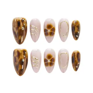 brown Blossom  Tips 3D Reusable Handmade Press-On Nails - Acrylic Almond Shape, Natural Finish, Durable & Stylish for Salon-Perfect Look Multicolor