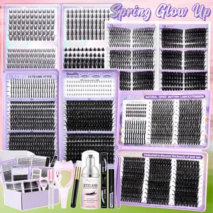 Lash Clusters Kit DIY Lash Extension Kit 2125Pcs Cluster Eyelash Extensions Spike+Bottom Cluster Lash Extensions Kit with Lash Bond and Seal Remover Tweezers MascaraShield Cleansing Mousse Cleaning brush Mascara Brush*2 Gift Packs for Beginners Bulk Pack