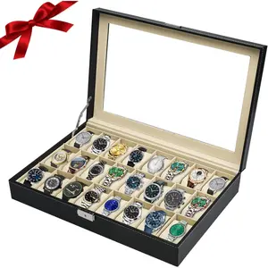 24 slot watch box for men, watch cases for men, watch display case, glass top, PU leather display storage collection organizer jewelry case watch organizer with removable pillows