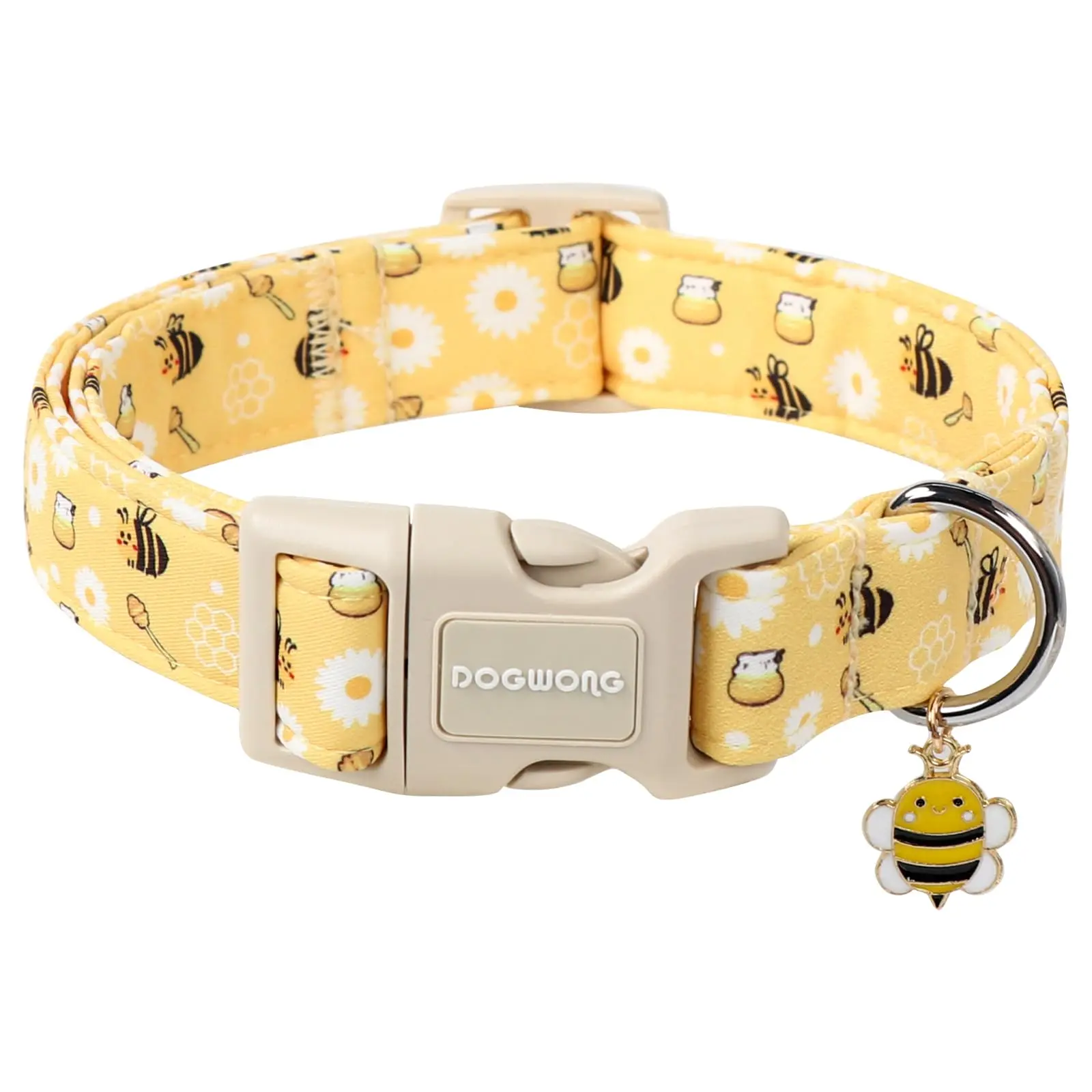 DOGWONG Yellow Bee Cute Designer Spring Dog Collar - Comfy, Chew-Resistant, Adjustable for Small/Medium/Large Dogs (XS, 8-12" Length) | Pet Adjustable Collars