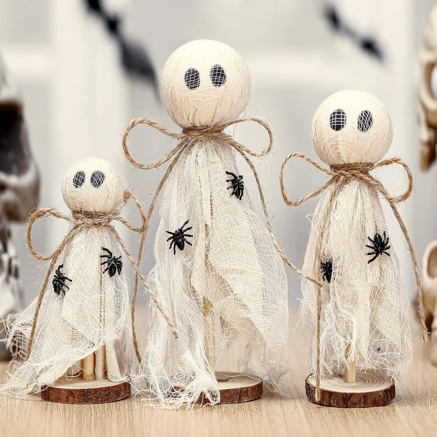 3 Pcs Halloween Decorations Indoor Primitive Halloween Ghost on Wooden Stand Spooky Ghost