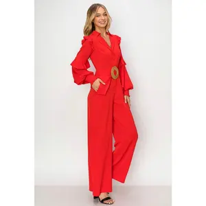 Elegant Eva Red Polyester Long Sleeve Jumpsuit with Belted Waist for Women