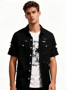 WIRDATRD Men's Ripped Short Sleeve Denim Shirt Button Front Dual Pocket Casual All-Season Menswear Outfit for New Year Look