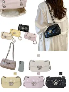 Cute Quilted Crossbody Bag with Bow Decoration and Adjustable Chain Strap, Spacious Interior for Daily Essentials in Four Sweet Colors