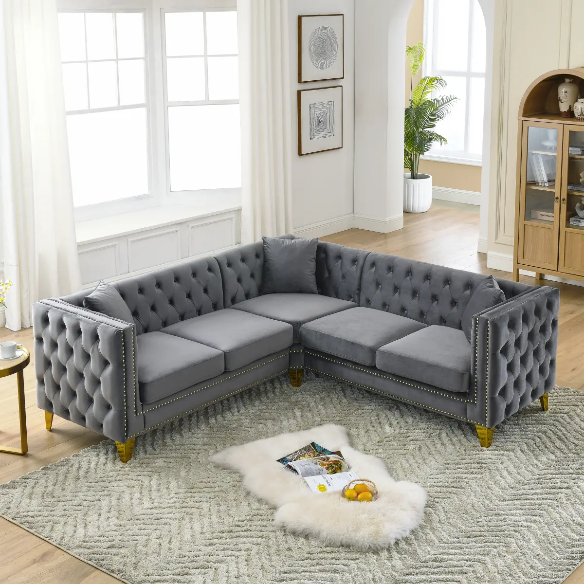 Chesterfield Velvet Tufted Button L-Shaped Corner Sectional Sofa - 82.2-Inch Overall Size, 5-Seater Wood Frame Living Room Couch, 3 Cotton Cushions, Curved Spring Structure, Nailhead Trim, Metal-Plastic Parts, 250 lbs/Seat Capacity