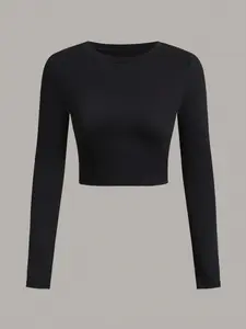 Women's Sexy Slim-Fit Crop Top, Casual Round Neck Long Sleeve Tee, All-Seasons Wearable, Versatile Plain Color Design