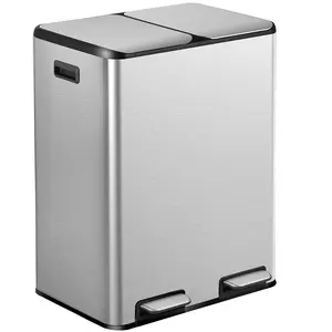 Segawe 2 x 8-Gallon Trash Can Stainless Steel Kitchen Garbage Can with Step Pedal & Removable Bins, Silver