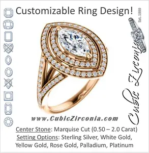 Cubic Zirconia Engagement Ring- The Miriam (Double Halo Ultra-Wide Split Pavé Band with Customizable Marquise Cut Center)