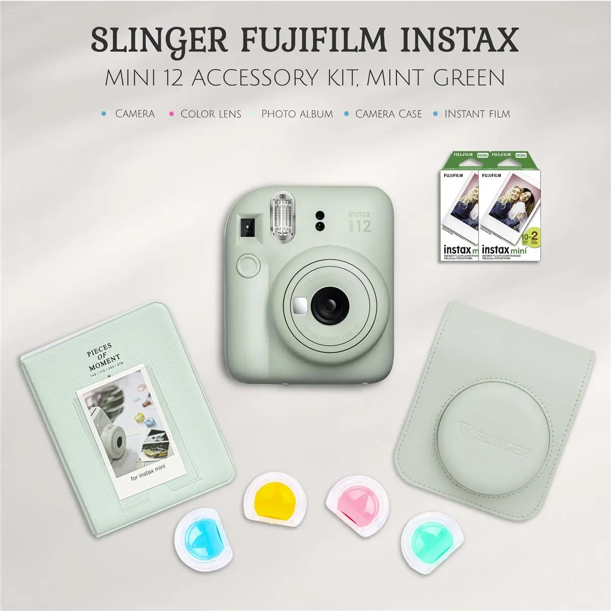 Fujifilm Instax Mini 12 Instant Film Camera, Mint Green Bundle with Instax Mini Custom Case, Accessory Kit and Daylight Film, 4x Twin Pack (80 Exposures) ISO 800
