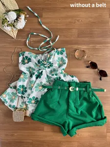 New Summer Casual Two-Piece Set, Girl Style Floral, Flower Halter Neck Top + Shorts, Sweet Style Leisure Suit for Women, Womenswear