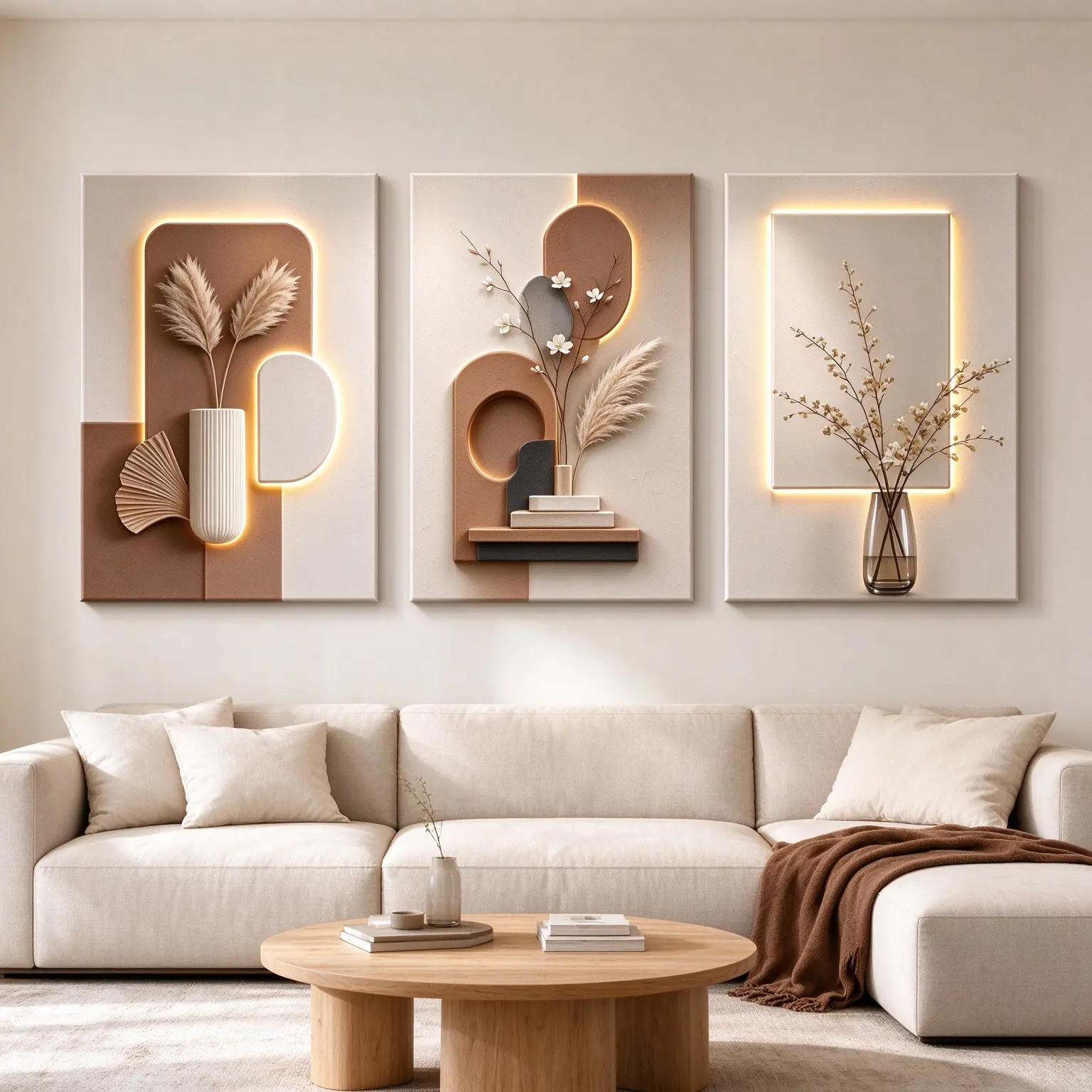 3-Piece Wooden-Framed Canvas Wall Art Set, Neutral Brown Beige Pampas Grass & Plum Blossom Vase Botanical Prints, Simulated Glowing Light Textured Effect, Waterproof Wabi-Sabi Wall Decor for Dining Room, Living Room, Bedroom, Ideal Housewarming Gift